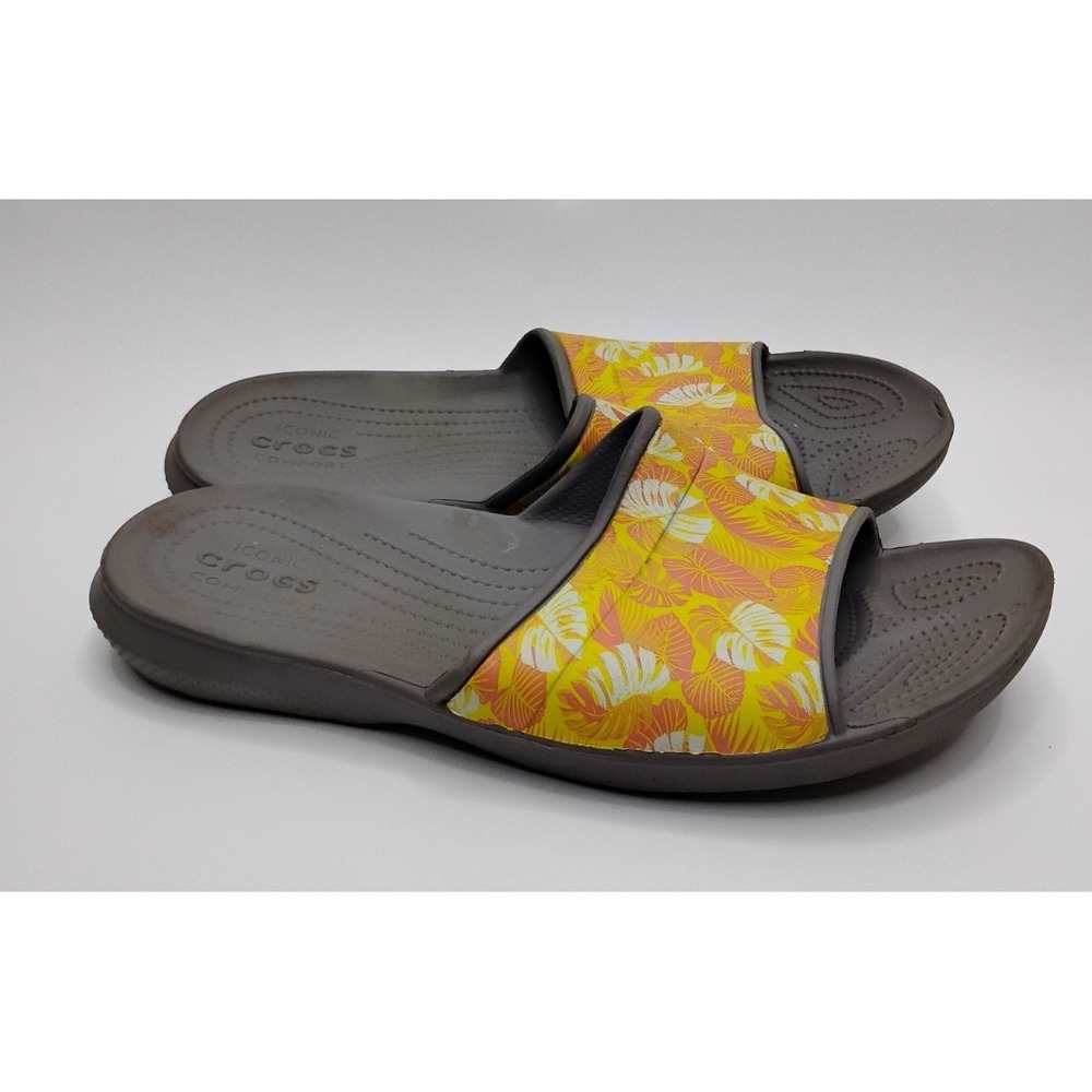 Crocs Tropical Print Slides Hawaiian Print Sandals Mens 11 Gray Yellow